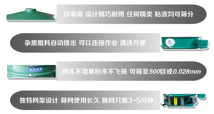 直徑1000mm振動篩的特點(diǎn)：效率高，設(shè)計(jì)精巧耐用，任何精類，粘液均可篩分，雜質(zhì)粗料自動排出，可以連接作業(yè)，清洗方便。網(wǎng)孔不堵塞粉末不飛揚(yáng)，可篩至500目或0。028mm篩網(wǎng)使用長久，換網(wǎng)只需3-5分鐘。