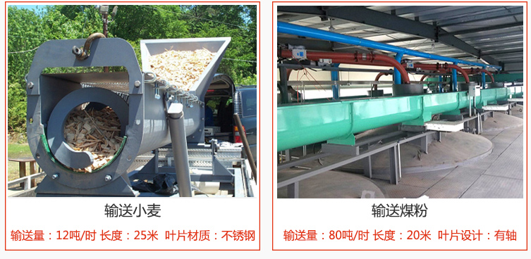 絞龍螺旋輸送機輸送小麥輸送量在12噸/時，長度為25米，葉片采用不銹鋼材質(zhì)；輸送水泥輸送量在80噸/時，長度為20米，葉片設計為有軸。