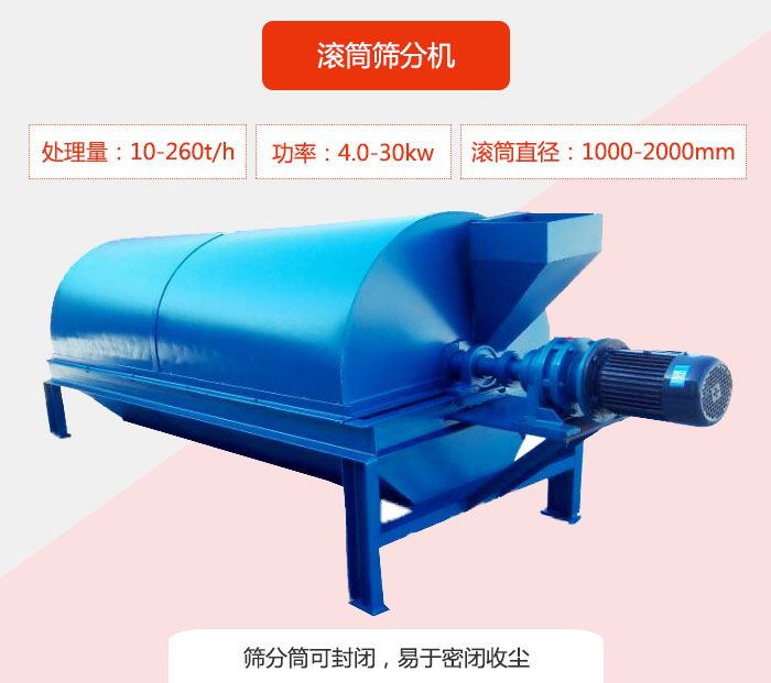 滾筒篩分機：處理能力：10-260t/h  功率：4.0-30kw 滾筒直徑：1000-2000mm 篩分筒可封閉，易于密閉收塵
