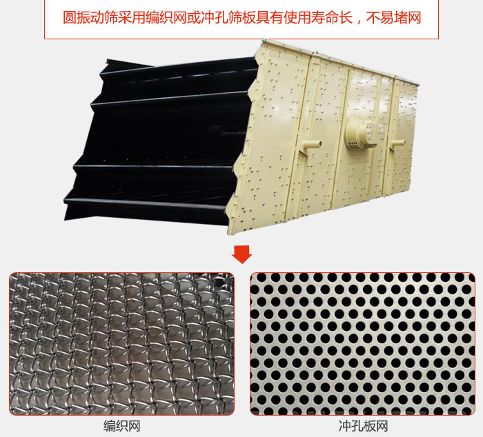 圓振動篩采用編織網或沖孔篩板具有使用壽命長，不易堵網。