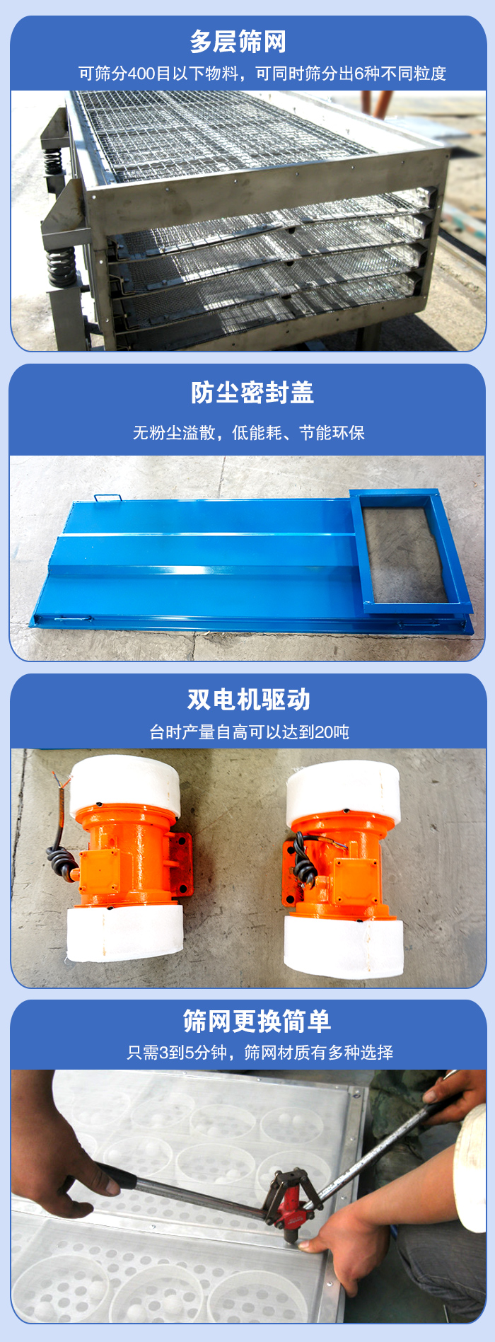 直線振動篩的特點：多層篩網：可篩分400目以下物料，可同時篩分出6種不同粒度。防塵密封蓋：無粉塵溢散，低能耗，。雙電機驅動：臺時產量高可以達到20噸。篩網更換簡單：只需3到5分鐘，篩網材質有多種選擇。