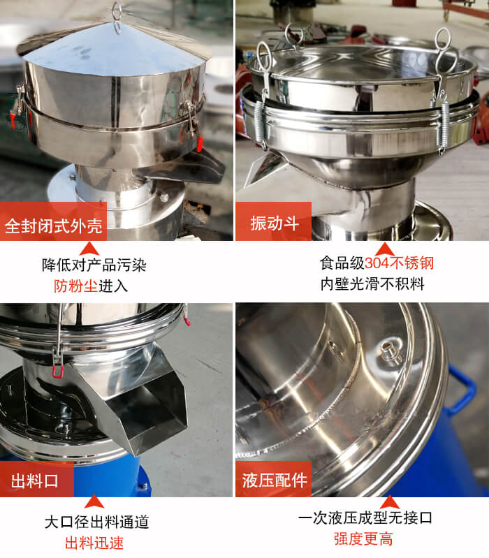 450過濾篩機(jī)結(jié)構(gòu)組成：全封閉式外殼設(shè)計(jì)：對產(chǎn)品的污染低，防塵粉進(jìn)入電機(jī)內(nèi)部延長設(shè)備壽命。振動斗：食品304不銹鋼篩斗，內(nèi)壁光滑不存在積料現(xiàn)象。出料口，大口徑出料通道，出料迅速，提高工作效率。液壓配件：一次液壓成型無接口強(qiáng)度更高。